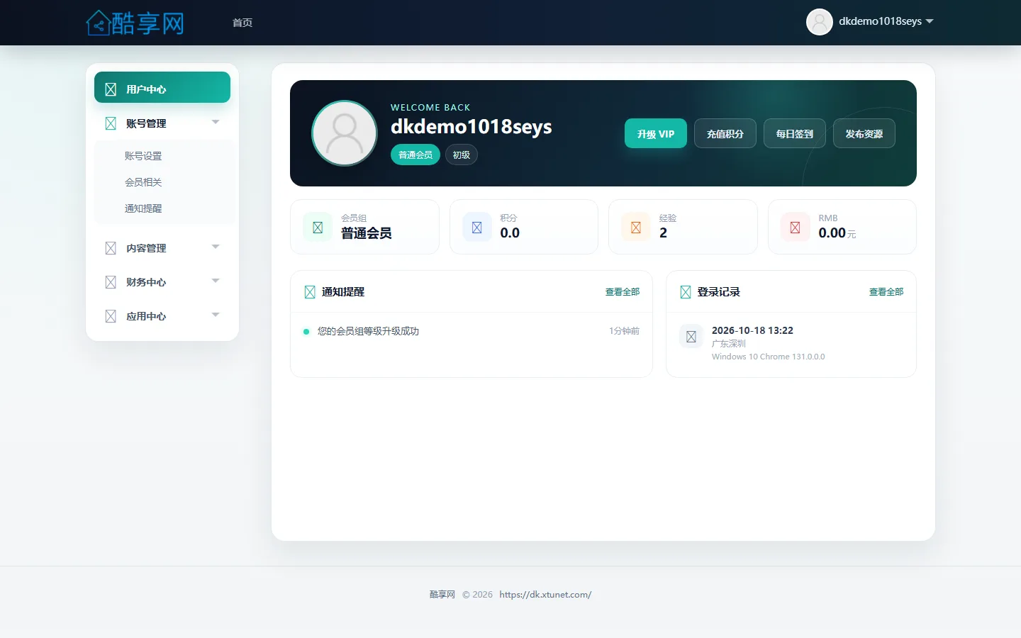 会员中心（积分 / 会员组 / 签到 / 发布资源）