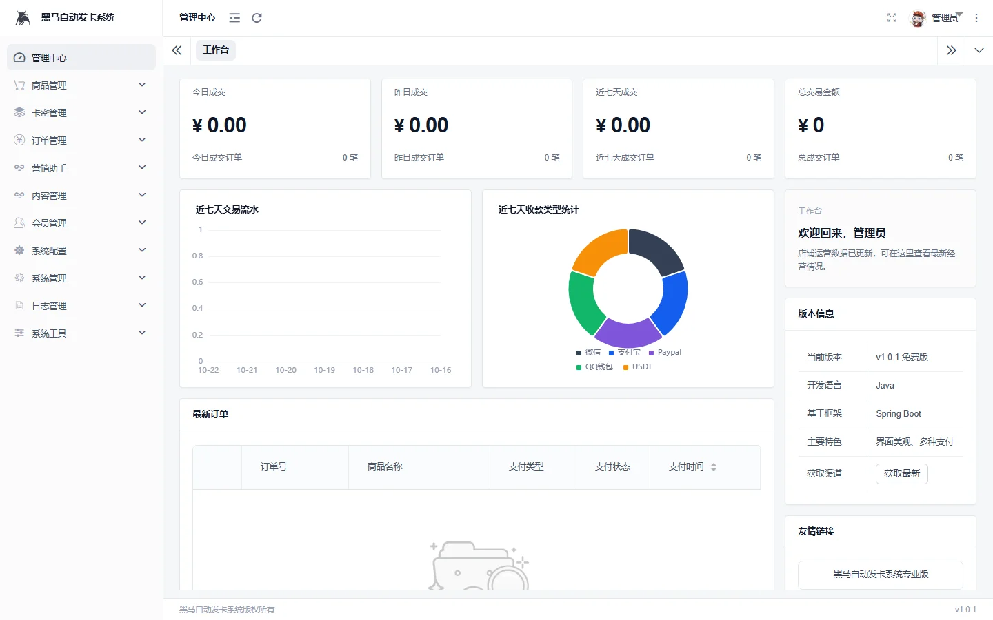 后台工作台（成交 / 流水 / 收款类型统计）