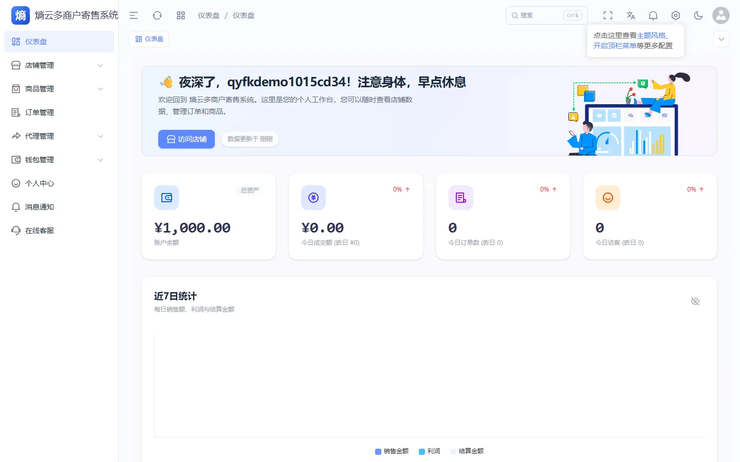 商户中心仪表盘(余额 / 今日成交 / 订单数 / 访客,7 日销售统计)