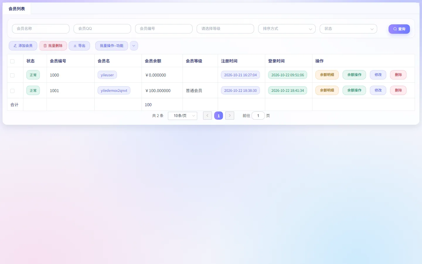后台会员列表（余额 / 等级 / 登录记录）